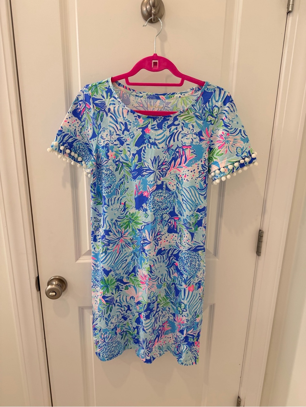 Lilly Pulitzer Blue Floral Pom-Pom Sleeve Shift Dress